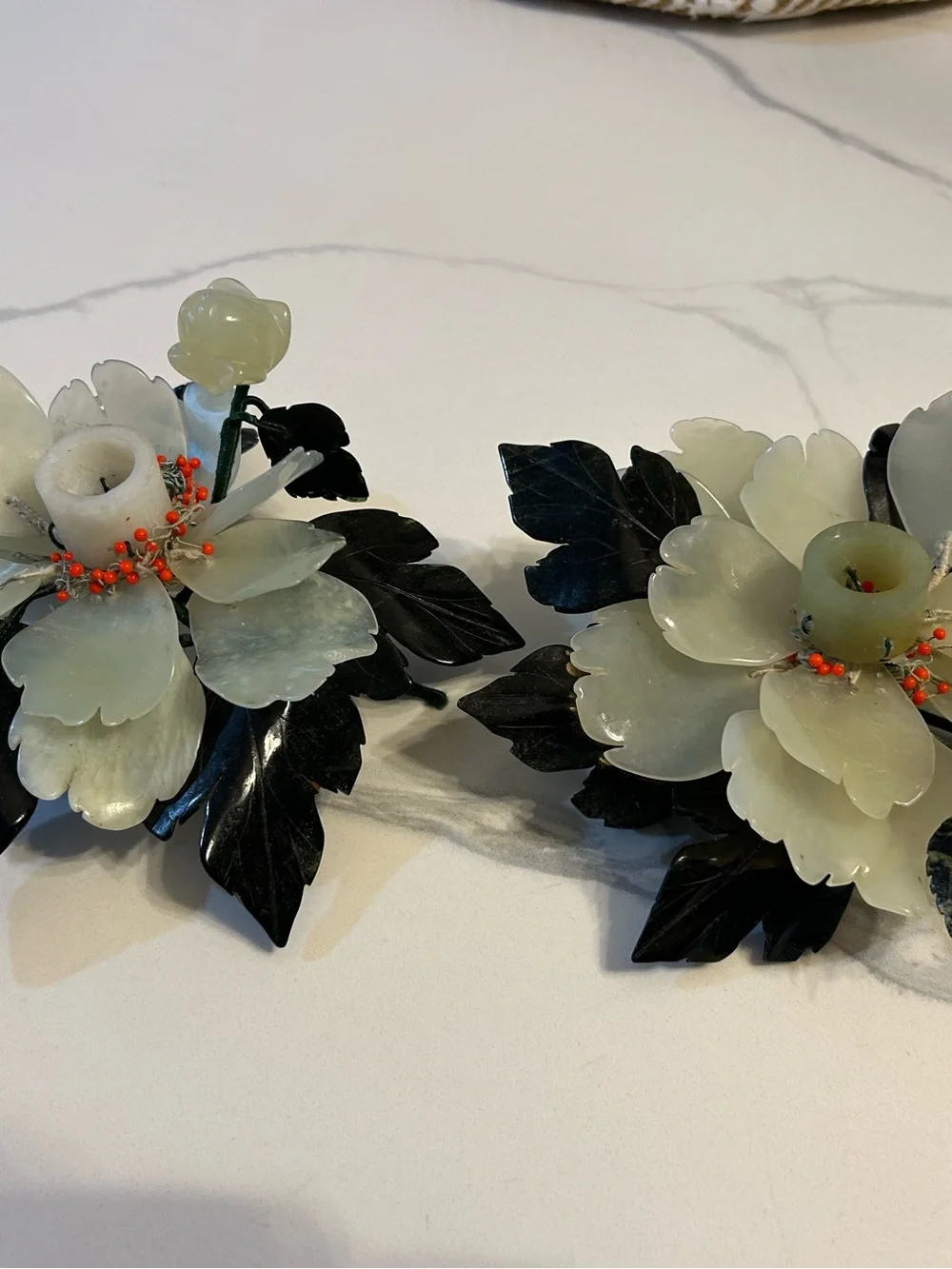 Chinese Carved Jade Lotus Flower & Leaves Candle Holder Set of 2